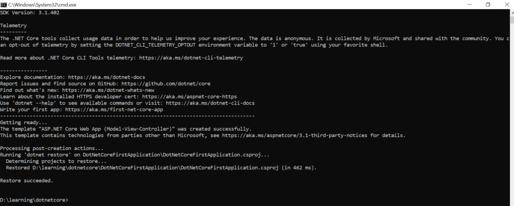 create asp.net core application using dotnet cli