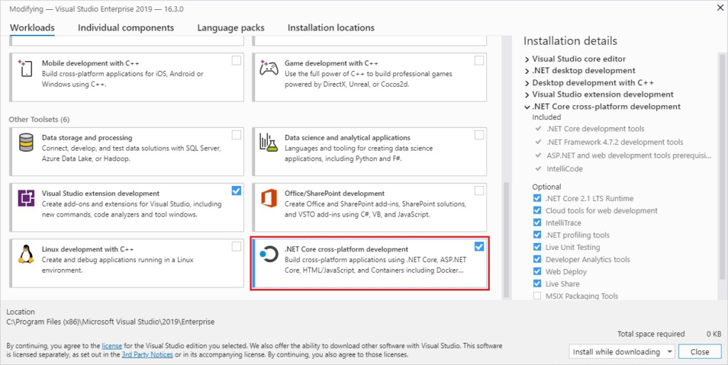 Install dot net core using visual studio 2019